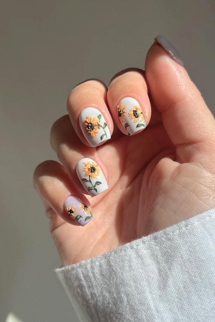 white base nails with sunflower design bright clean aesthetic