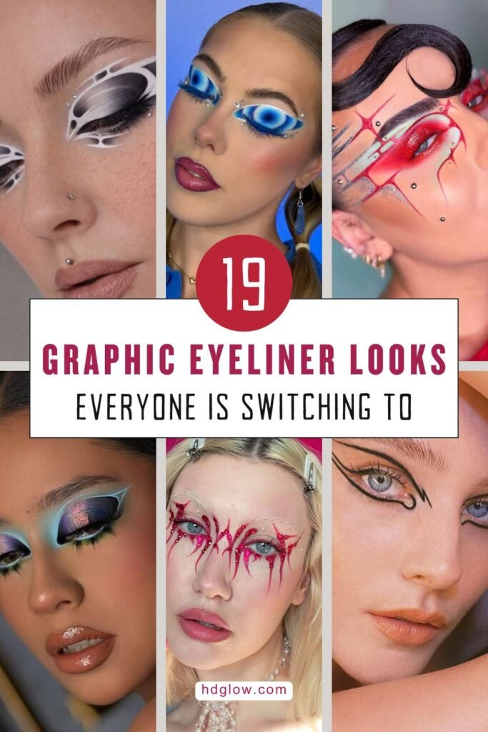 Editorial graphic eye makeup featuring floating liner, geometric eyeliner, and modern liner trends