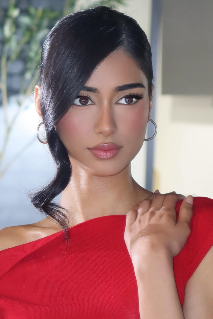 Rooftop party glam with bronzed skin and glossy nude lips