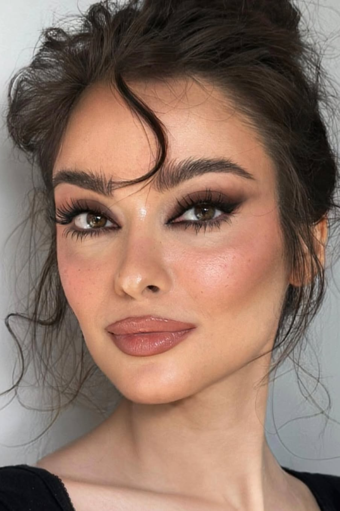 Romantic date night makeup with rosy blush and glossy lips