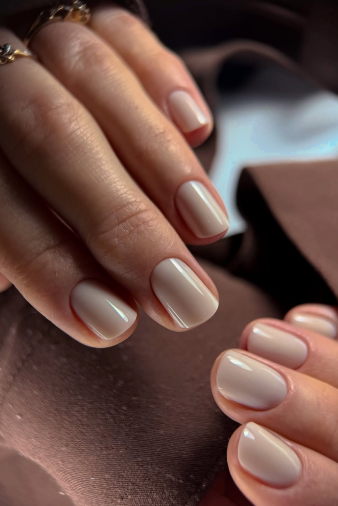 Satin nude nails with velvety manicure finish