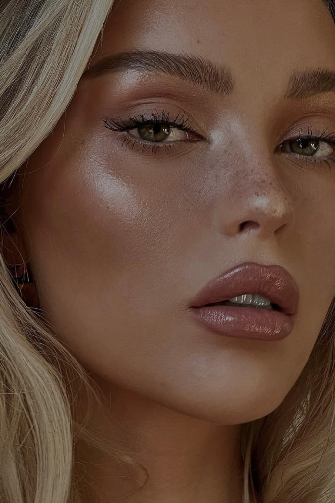 Sunkissed makeup look with faux freckles and peach blush