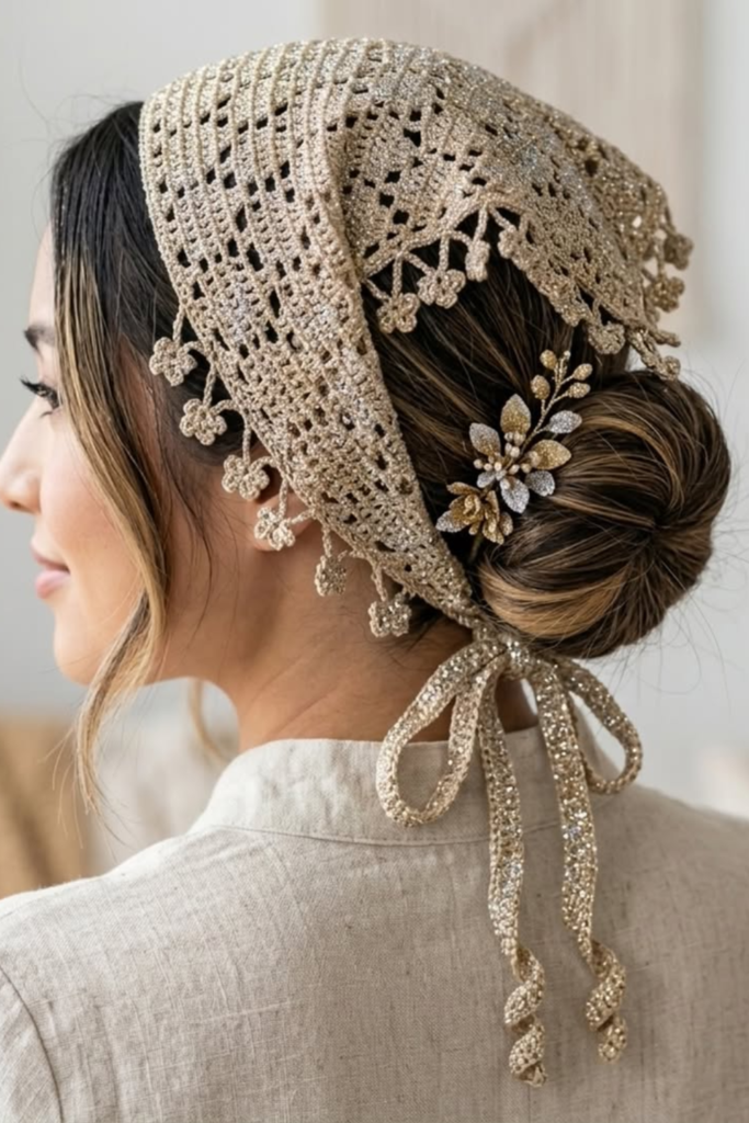 Low bun wrapped with a classic bandana scarf