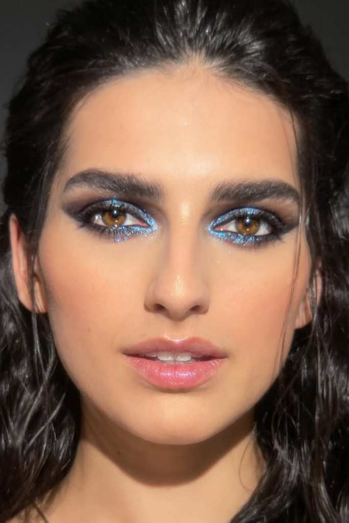 Blue chrome eyeshadow makeup for fireworks