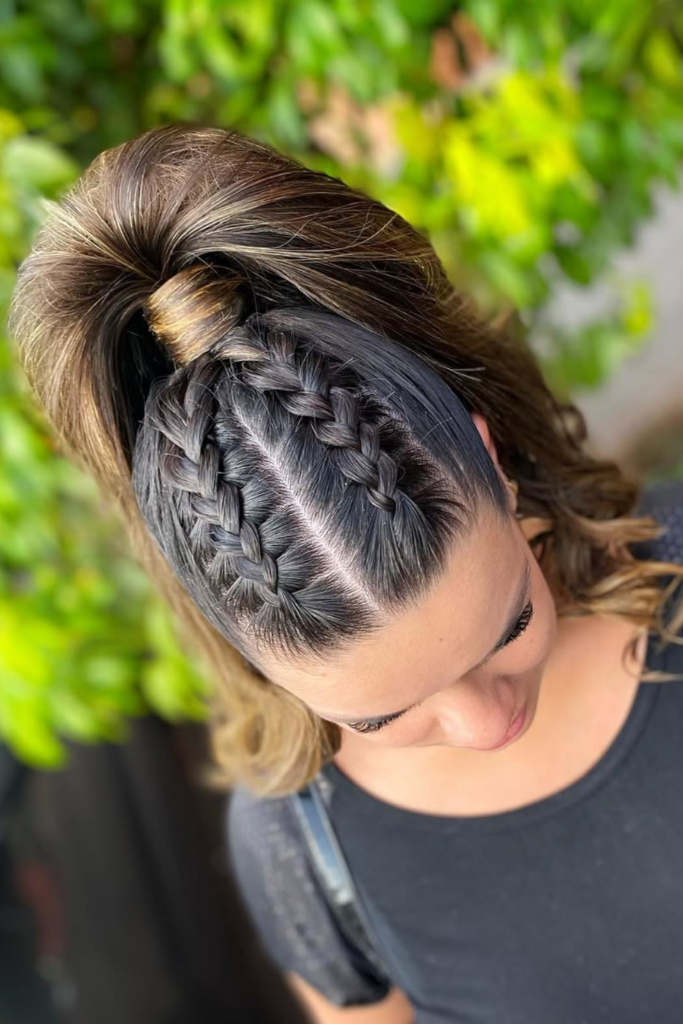 High ponytail hairstyle with a long braid