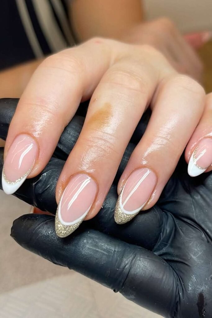 Champagne nude nails with soft shimmer finish