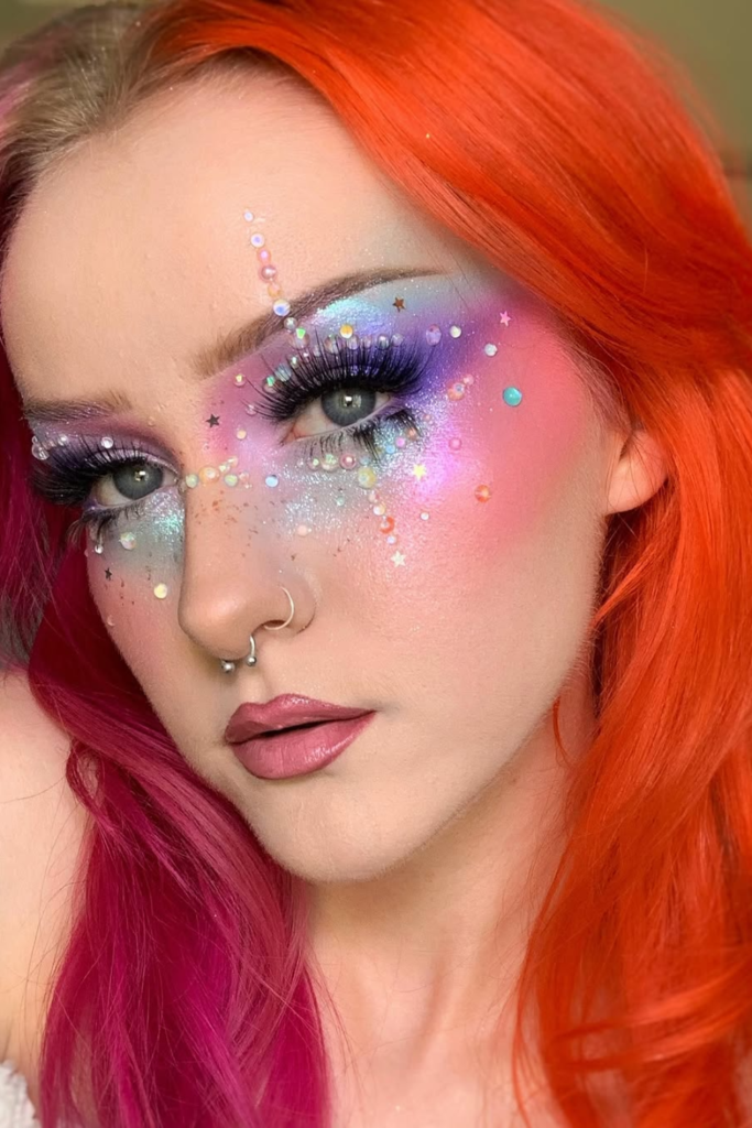 Firework rhinestone makeup around the eyes