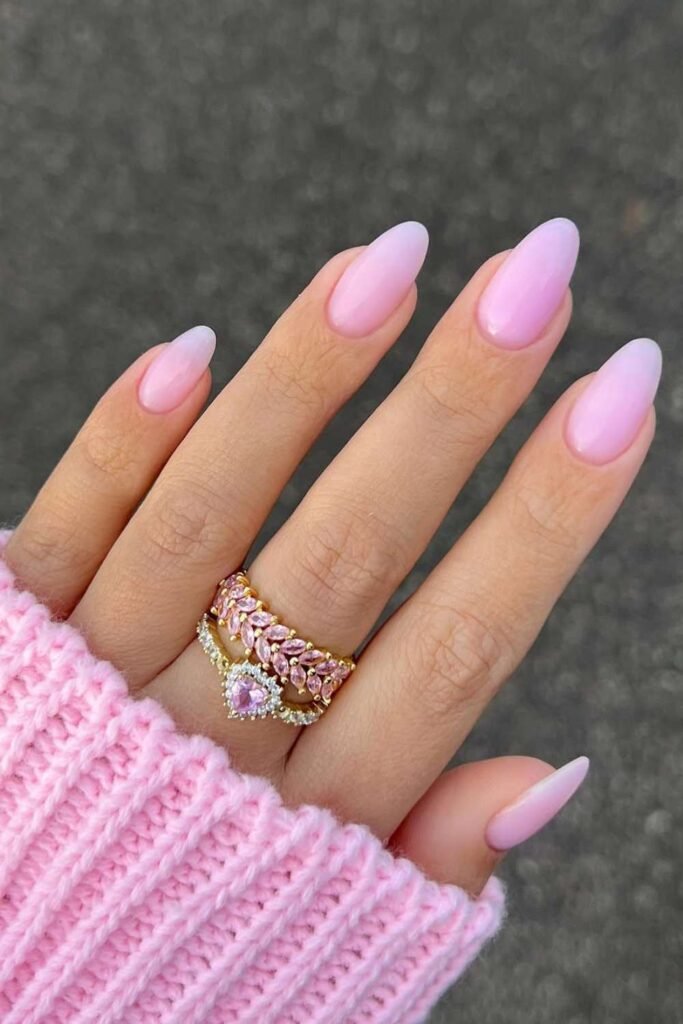 Milky pink nails with clean girl manicure