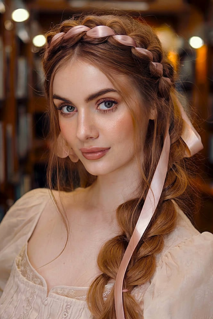 Crown braid hairstyle with ribbon accents