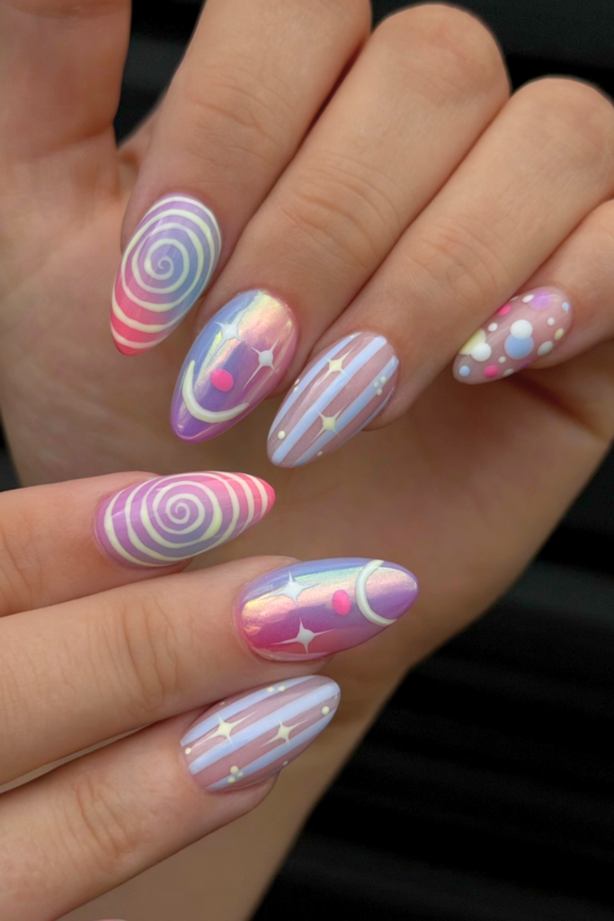 Editorial clowncore manicure with luxury runway-inspired nail art