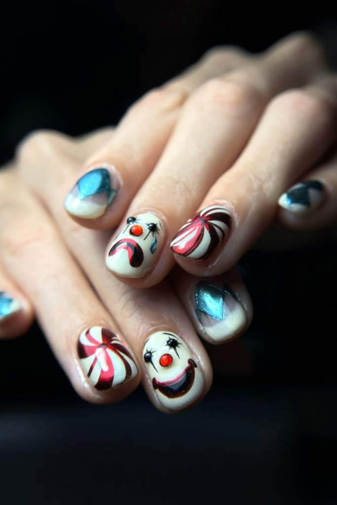 Cherry-inspired manicure with bold red accents and artistic details