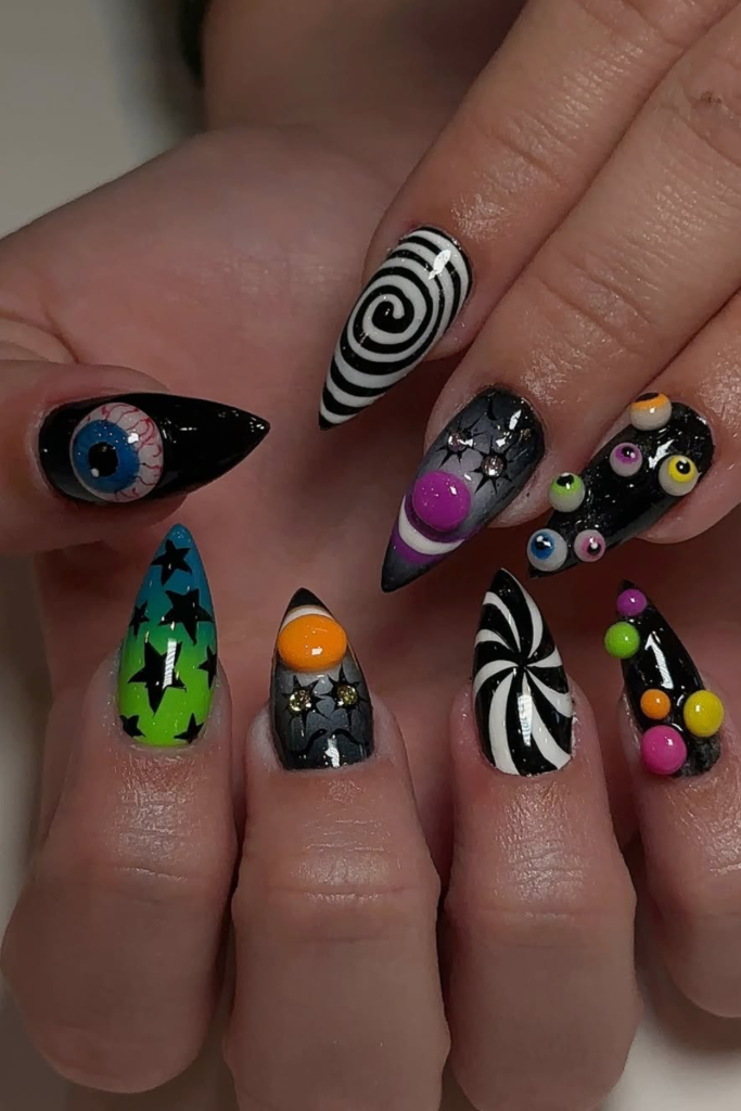 Mixed texture manicure with chrome, velvet, and glossy finishes