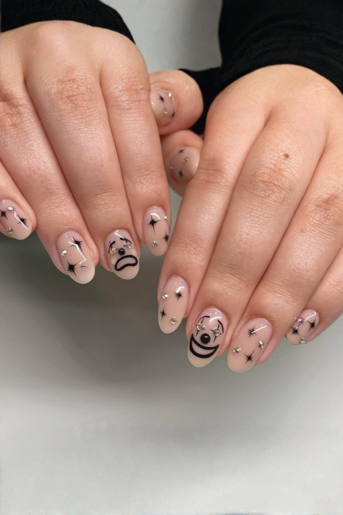 Abstract clowncore manicure with graphic lines and playful symbols