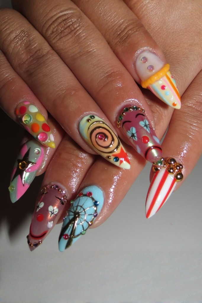 Modern circus manicure with bold maximalist artistic nail design