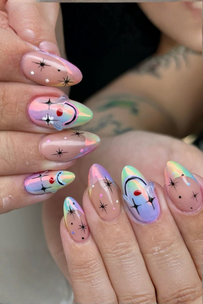 Glossy jelly manicure with playful translucent nail art