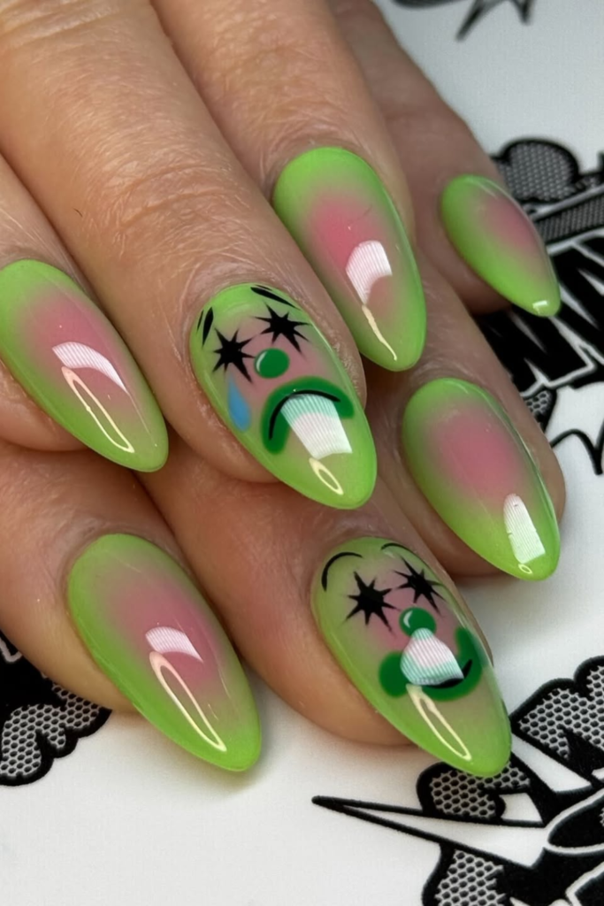Aura manicure with modern clowncore-inspired nail artwork
